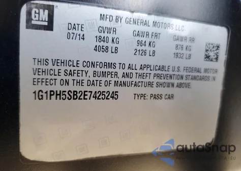 2014 Chevrolet Cruze Eco из США, поврежденный, VIN 1G1PH5SB2E7425245